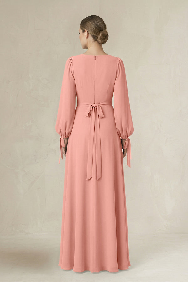 Rosette Square Neck Long Sleeve A-Line Chiffon Bridesmaid Dress in Rosette (2) | KISSBRIDAL