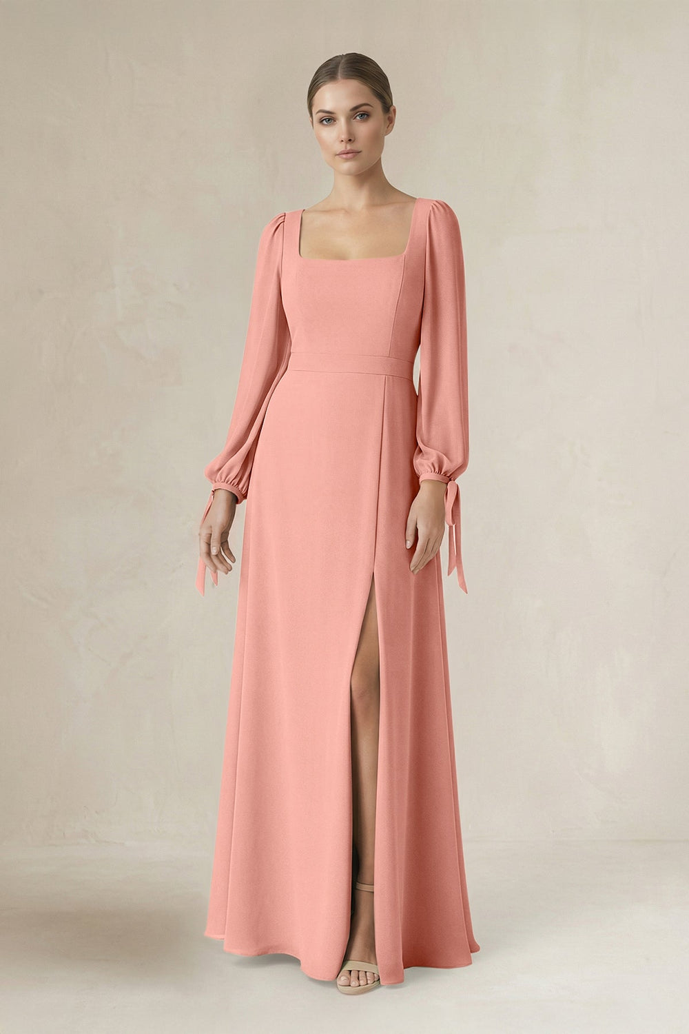 Square Neck Long Sleeve A-Line Chiffon Bridesmaid Dress in Rosette