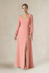 Rosette Square Neck Long Sleeve A-Line Chiffon Bridesmaid Dress in Rosette | KISSBRIDAL
