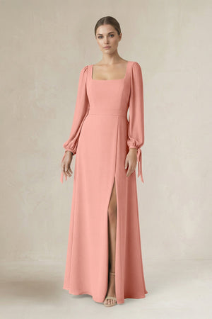 Rosette Square Neck Long Sleeve A-Line Chiffon Bridesmaid Dress in Rosette | KISSBRIDAL