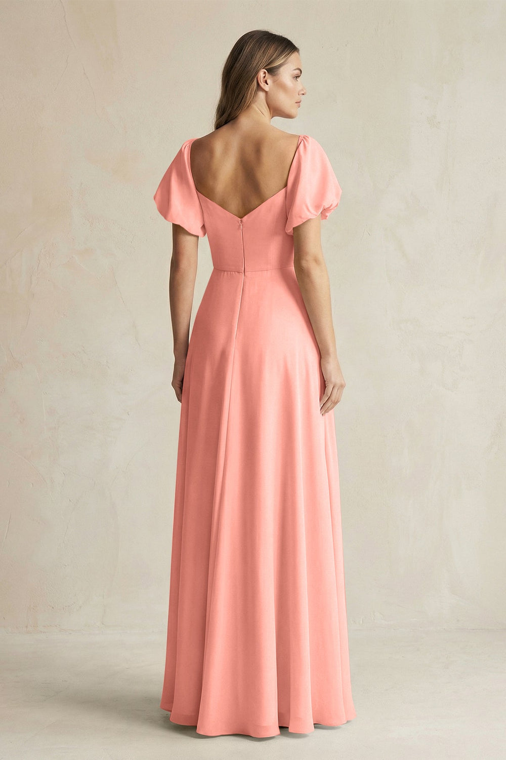 Sweetheart Puff Sleeve A-Line Chiffon Bridesmaid Dress in Rosette