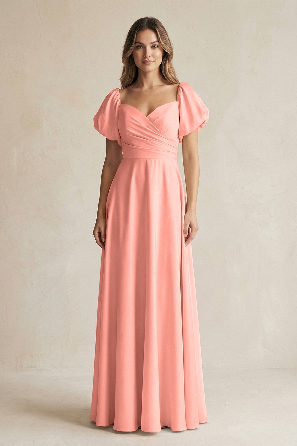 Sweetheart Puff Sleeve A-Line Chiffon Bridesmaid Dress in Rosette