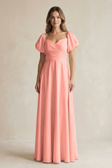 Rosette Sweetheart Puff Sleeve A-Line Chiffon Bridesmaid Dress | KISSBRIDAL