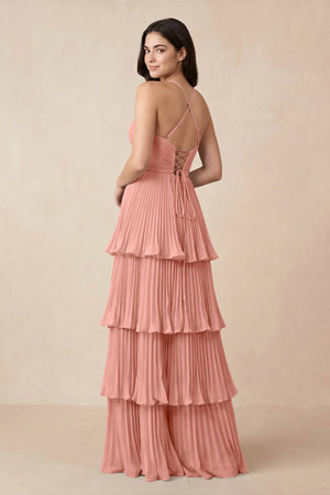 Rosette Tiered Pleated V-Neck A-Line Chiffon Bridesmaid Dress (2) | KISSBRIDAL