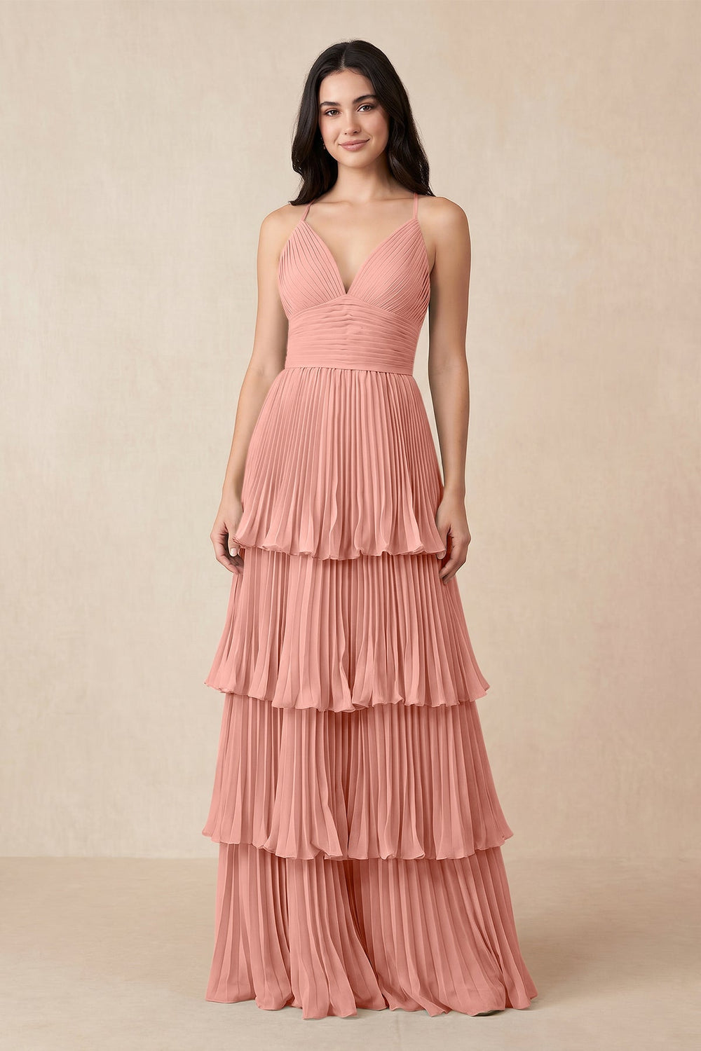 Tiered Pleated V-Neck A-Line Chiffon Bridesmaid Dress in Rosette