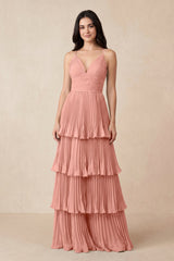 Rosette Tiered Pleated V-Neck A-Line Chiffon Bridesmaid Dress | KISSBRIDAL