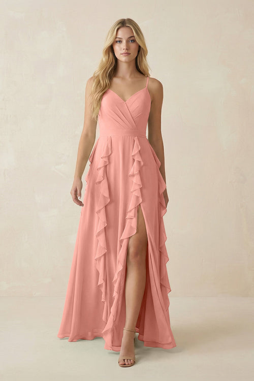 Rosette Tiered Ruffle A-Line Chiffon Bridesmaid Dress | KISSBRIDAL
