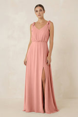 Rosette V-Neck A-Line Chiffon Bridesmaid Dress | KISSBRIDAL
