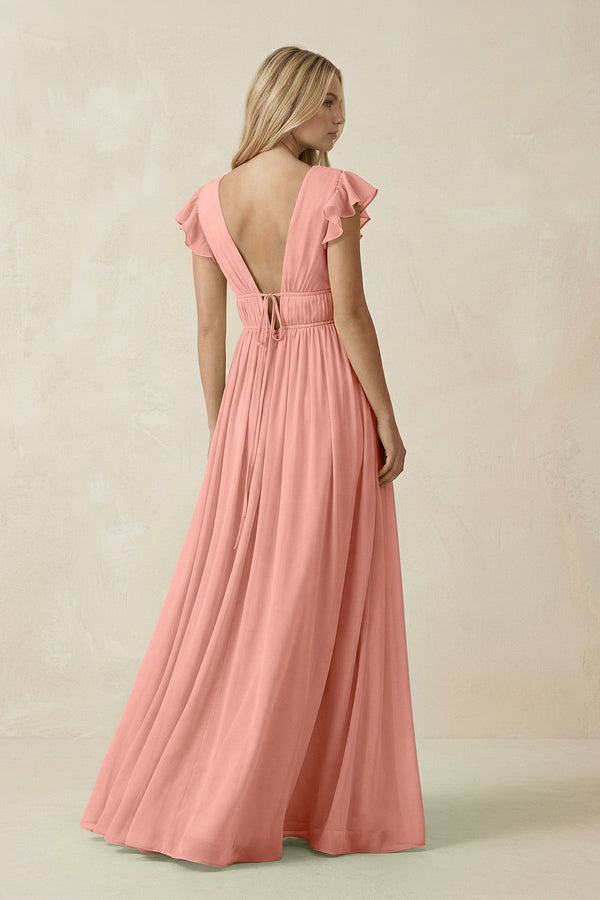 Rosette V-Neck A-Line Chiffon Cap Sleeves Bridesmaid Dress (2) | KISSBRIDAL