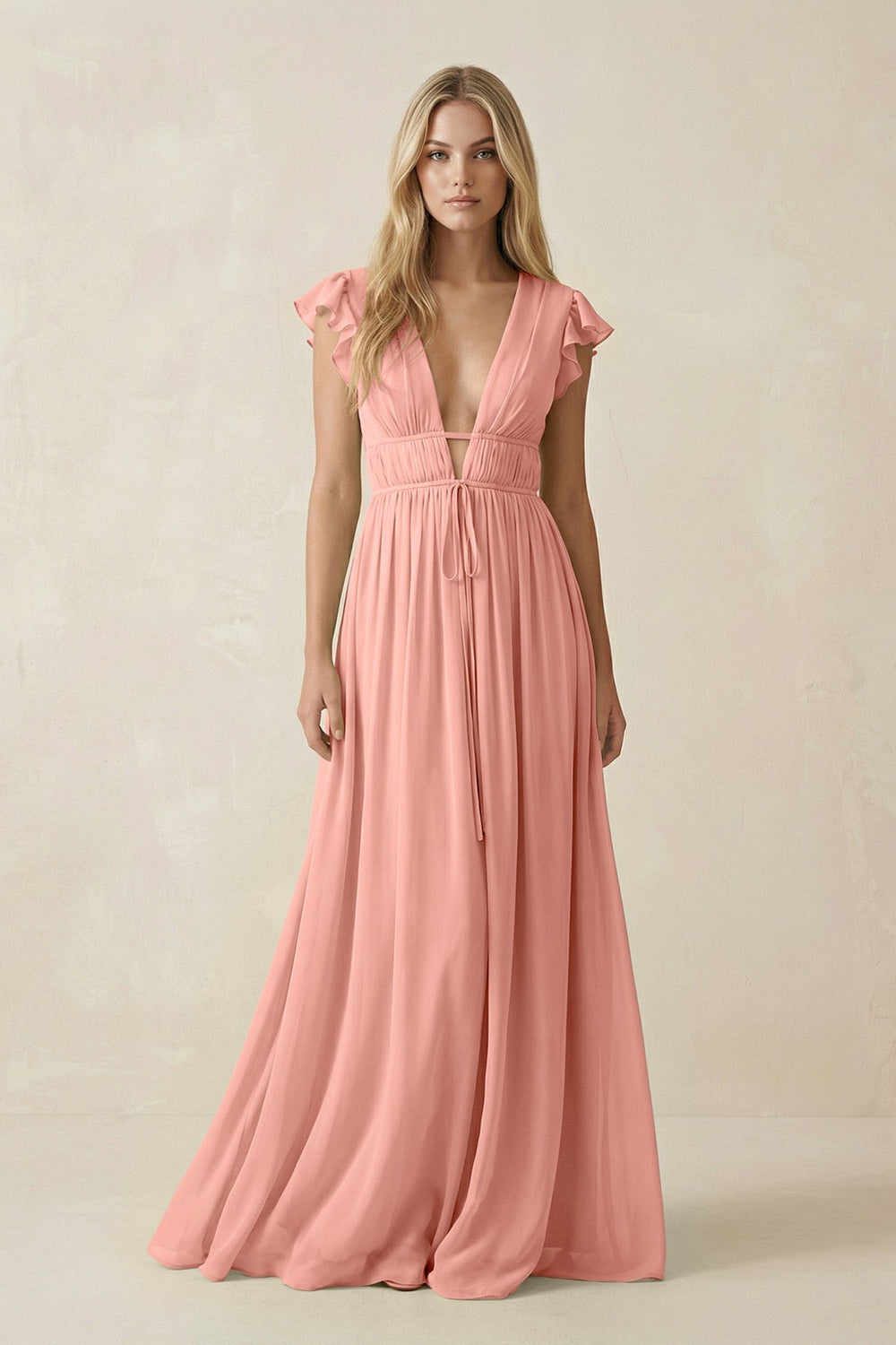 V-Neck A-Line Chiffon Cap Sleeves Bridesmaid Dress in Rosette