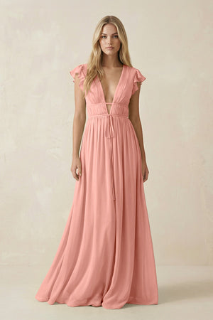 Rosette V-Neck A-Line Chiffon Cap Sleeves Bridesmaid Dress | KISSBRIDAL