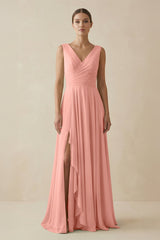 Rosette V-Neck A-Line Chiffon Ruffled Bridesmaid Dress | KISSBRIDAL