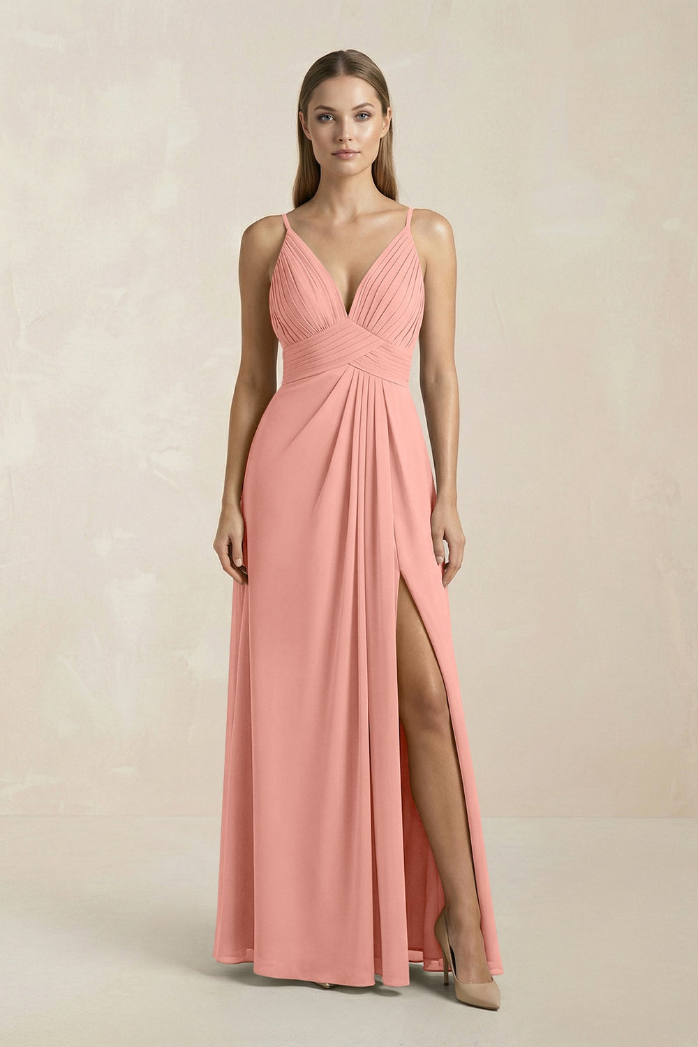 V-Neck A-Line Pleated Chiffon Bridesmaid Dress in Rosette