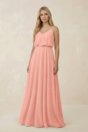 Rosette V-Neck Blouson A-Line Chiffon Bridesmaid Dress | KISSBRIDAL