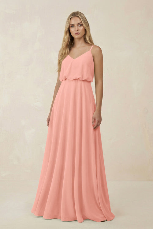 Rosette V-Neck Blouson A-Line Chiffon Bridesmaid Dress | KISSBRIDAL