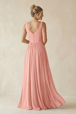 Rosette V-Neck Chiffon A-Line Long Bridesmaid Dress (2) | KISSBRIDAL