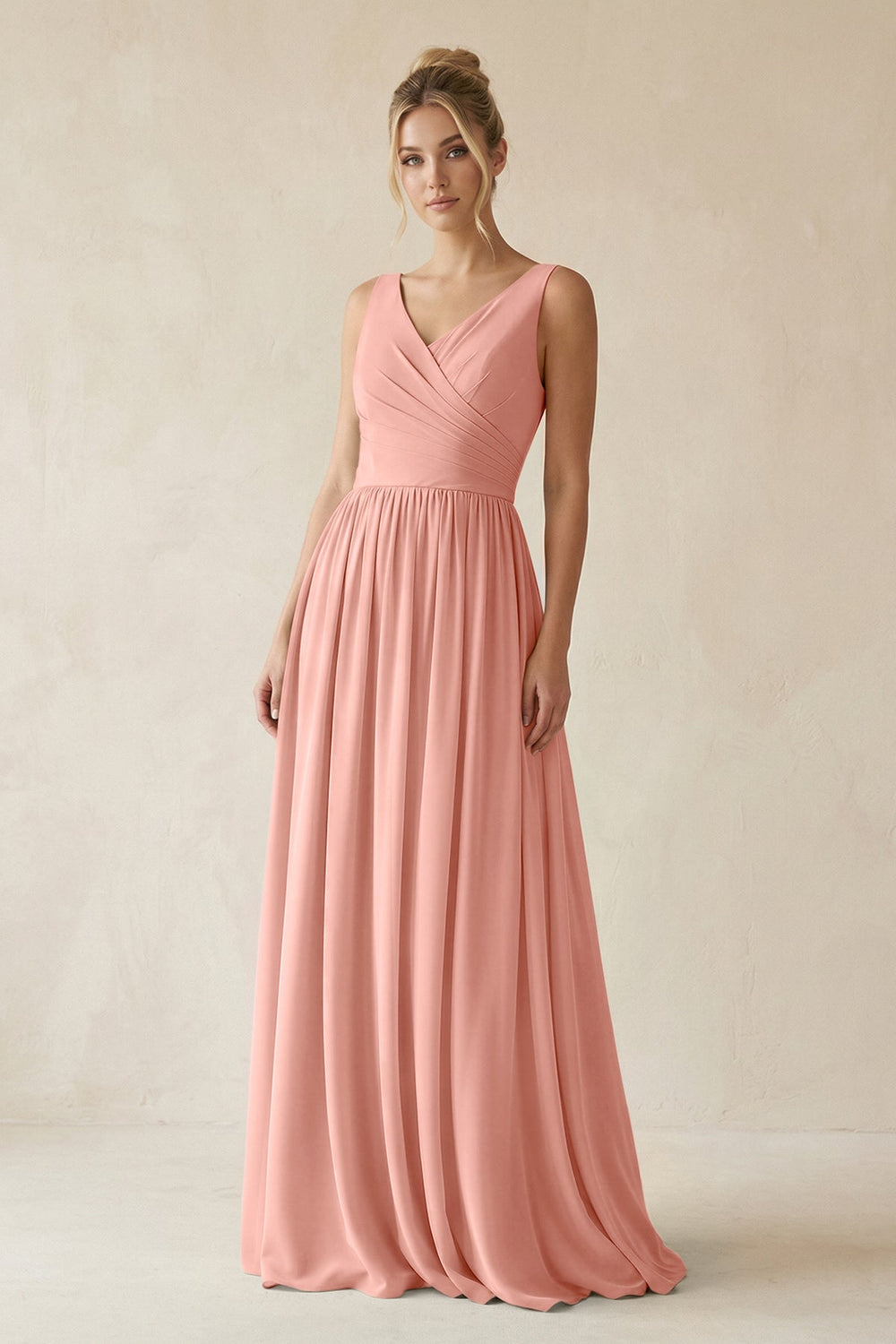 V-Neck Chiffon A-Line Long Bridesmaid Dress in Rosette