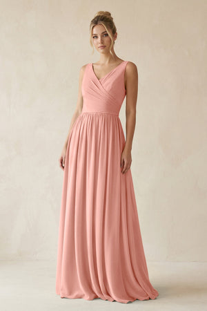 Rosette V-Neck Chiffon A-Line Long Bridesmaid Dress | KISSBRIDAL