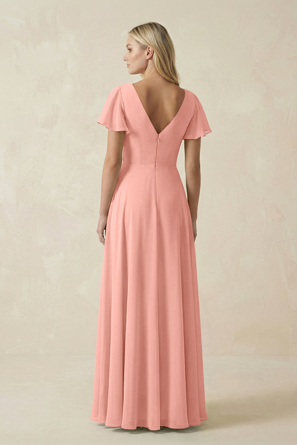 Rosette V-Neck Flutter Sleeve A-Line Chiffon Bridesmaid Dress (2) | KISSBRIDAL