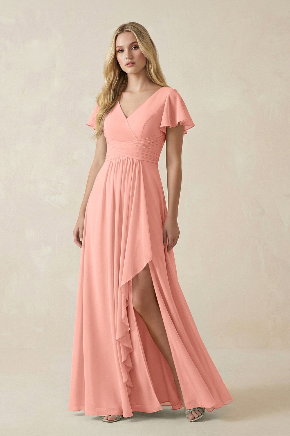 V-Neck Flutter Sleeve A-Line Chiffon Bridesmaid Dress in Rosette