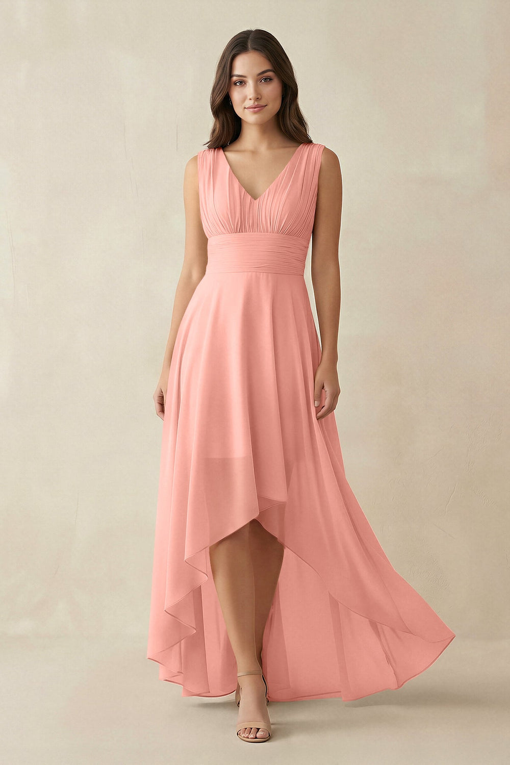 V-Neck High-Low Chiffon Bridesmaid Dress in Rosette