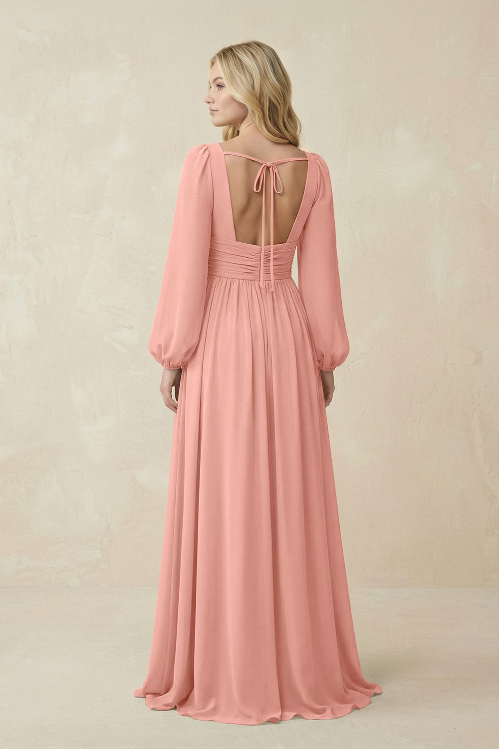 V-Neck Long Sleeve A-Line Chiffon Bridesmaid Dress in Rosette