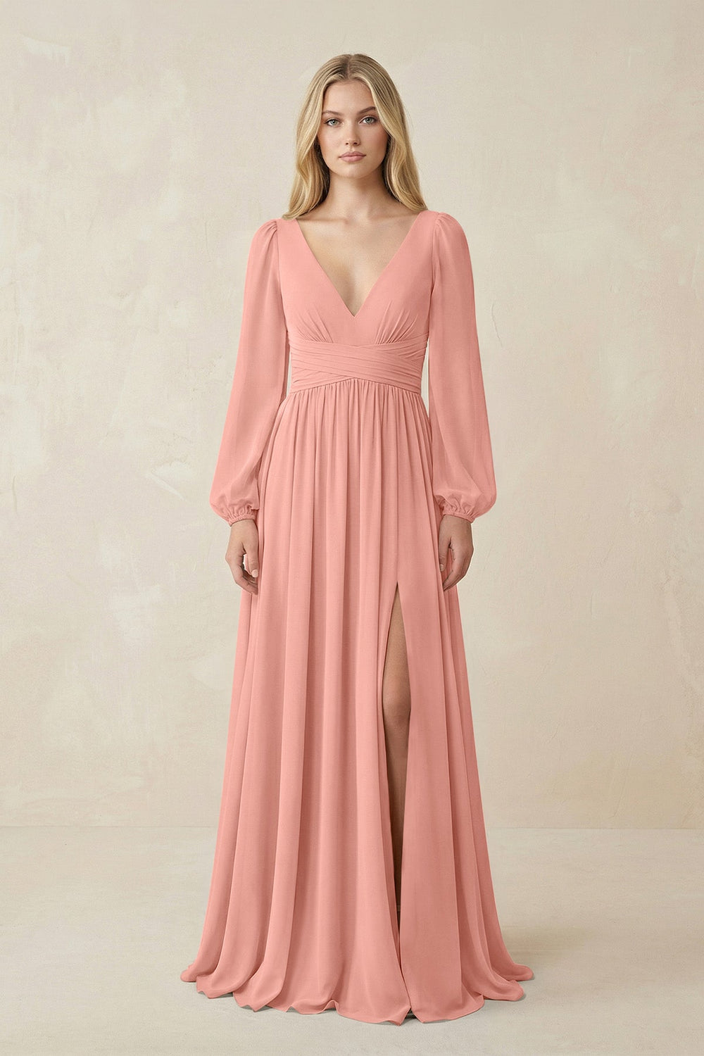 V-Neck Long Sleeve A-Line Chiffon Bridesmaid Dress in Rosette
