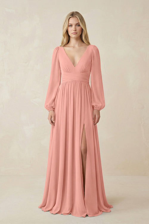 Rosette V-Neck Long Sleeve A-Line Chiffon Bridesmaid Dress | KISSBRIDAL