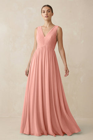 Rosette V-Neck Pleated A-Line Chiffon Bridesmaid Dress | KISSBRIDAL