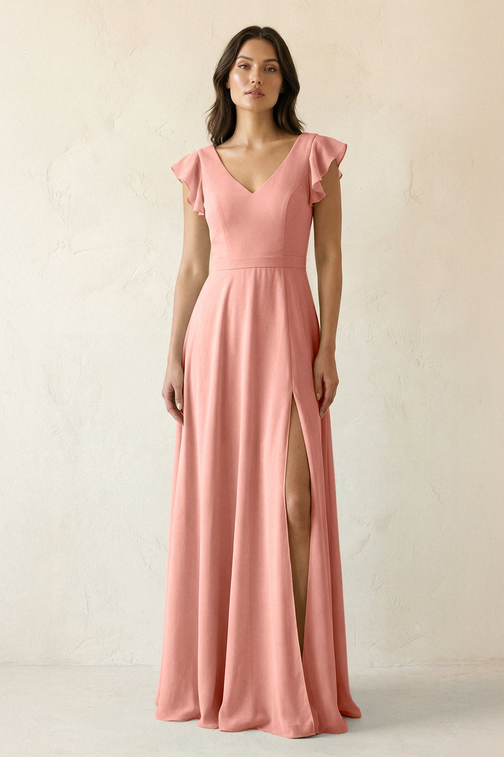 V-Neck Ruffled A-Line Chiffon Bridesmaid Dress in Rosette