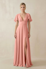 Rosette V-Neck Ruffled Short Sleeves A-Line Bridesmaid Dress | KISSBRIDAL
