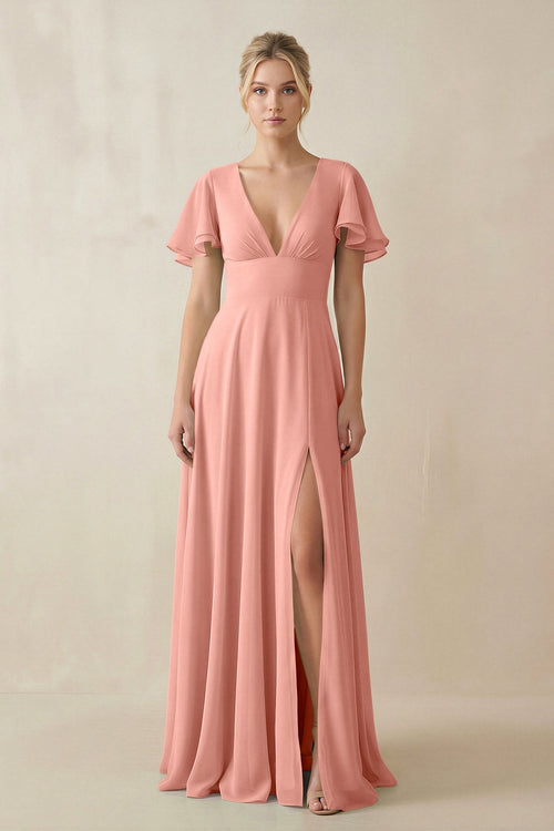 Rosette V-Neck Ruffled Short Sleeves A-Line Bridesmaid Dress | KISSBRIDAL