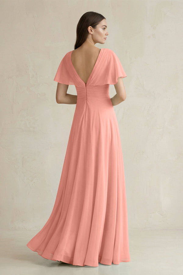 Rosette V-Neck Ruffled Sleeve A-Line Chiffon Bridesmaid Dress (2) | KISSBRIDAL