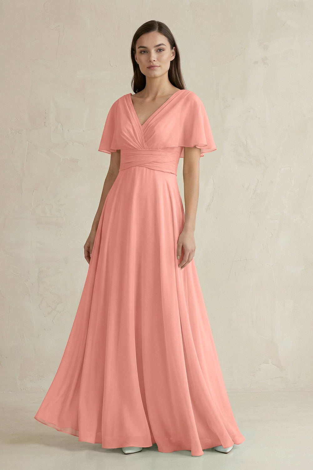 V-Neck Ruffled Sleeve A-Line Chiffon Bridesmaid Dress in Rosette