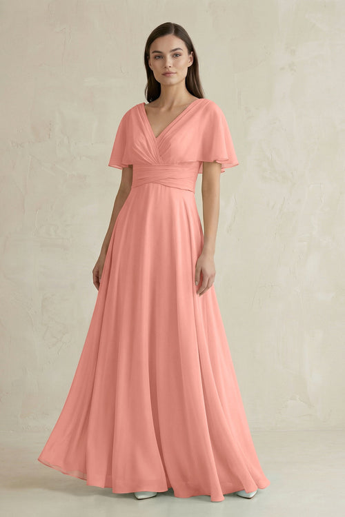 Rosette V-Neck Ruffled Sleeve A-Line Chiffon Bridesmaid Dress | KISSBRIDAL
