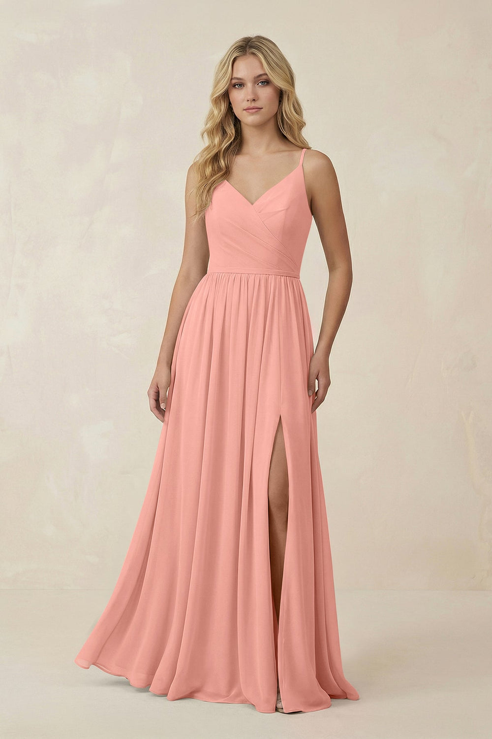 V-Neck Spaghetti Strap A-Line Chiffon Bridesmaid Dress in Rosette