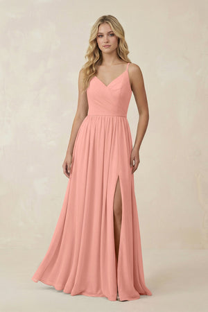 Rosette V-Neck Spaghetti Strap A-Line Chiffon Bridesmaid Dress | KISSBRIDAL