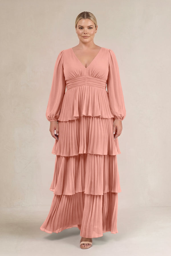 Rosette V-Neck Tiered A-Line Long Sleeve Bridesmaid Dress (3) [sizeplus] | KISSBRIDAL