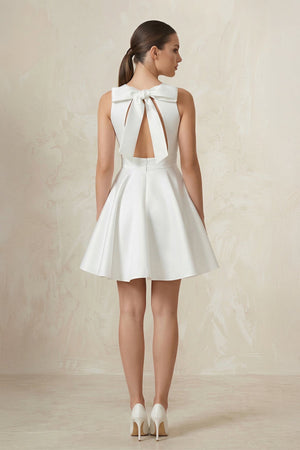 Round Neck Satin A - Line Ruched Wedding Dress in White - KISS BRIDAL Wedding Dresses
