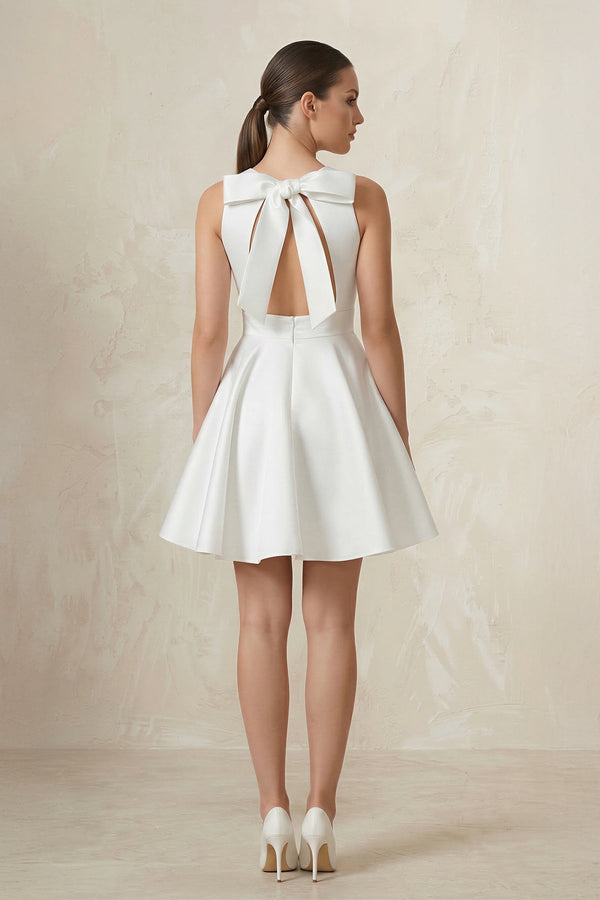 Round Neck Satin A - Line Ruched Wedding Dress in White - KISS BRIDAL Wedding Dresses