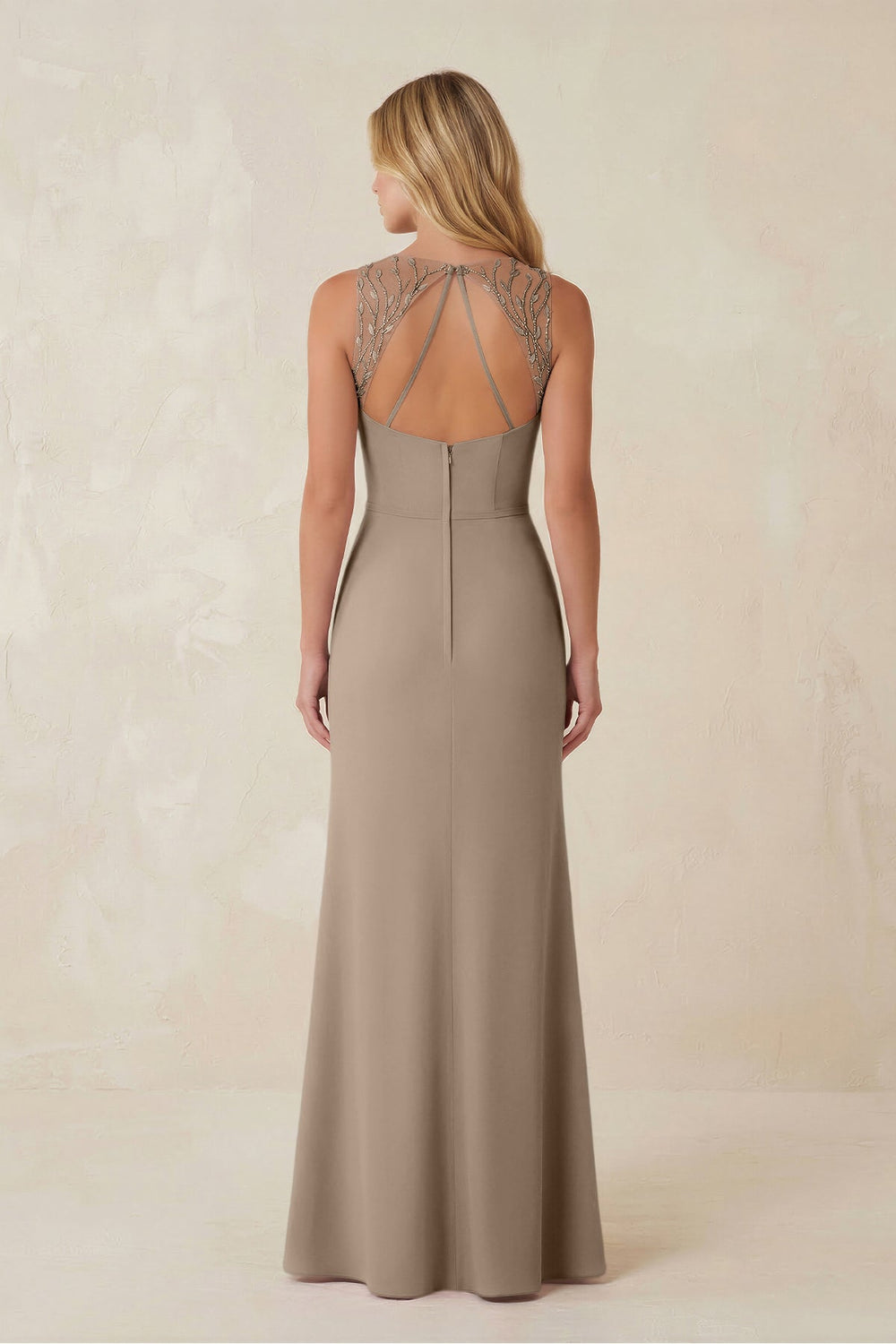 Round Neck Sheath Chiffon Appliqued Bridesmaid Dress in Almond