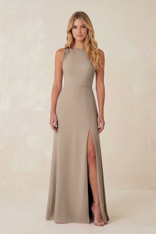 Round Neck Sheath Chiffon Appliqued Bridesmaid Dress in Almond | KISSBRIDAL