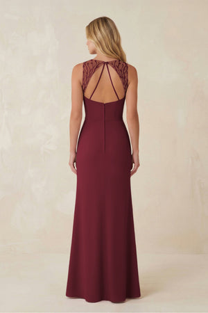 Round Neck Sheath Chiffon Appliqued Bridesmaid Dress in Berry (2) | KISSBRIDAL