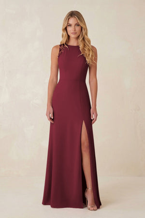 Round Neck Sheath Chiffon Appliqued Bridesmaid Dress in Berry | KISSBRIDAL
