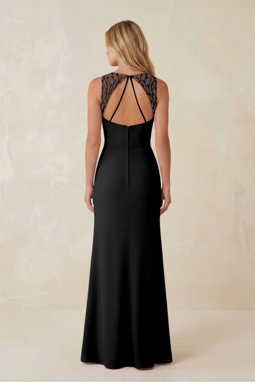 Round Neck Sheath Chiffon Appliqued Bridesmaid Dress in Black