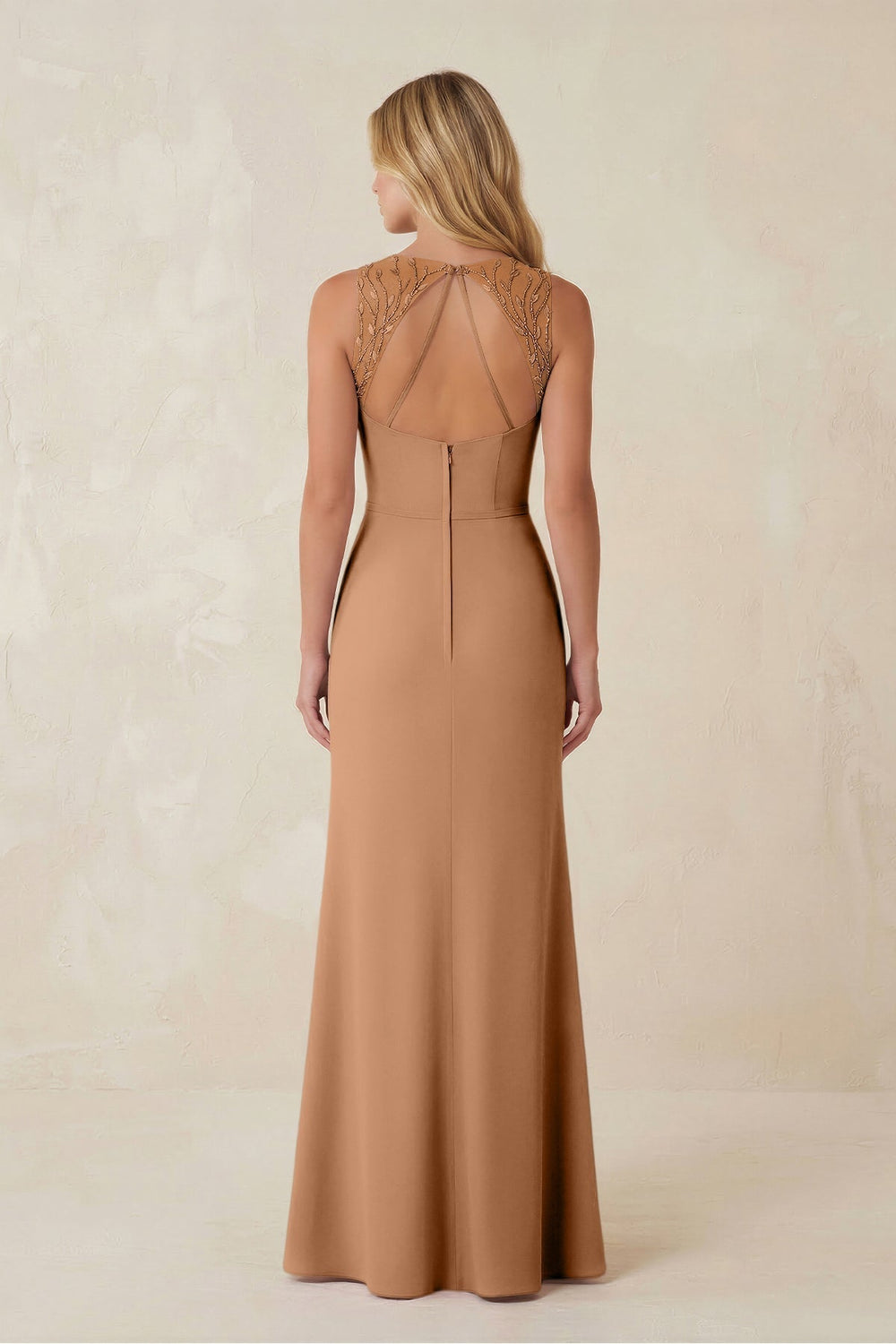 Round Neck Sheath Chiffon Appliqued Bridesmaid Dress in Bronzer