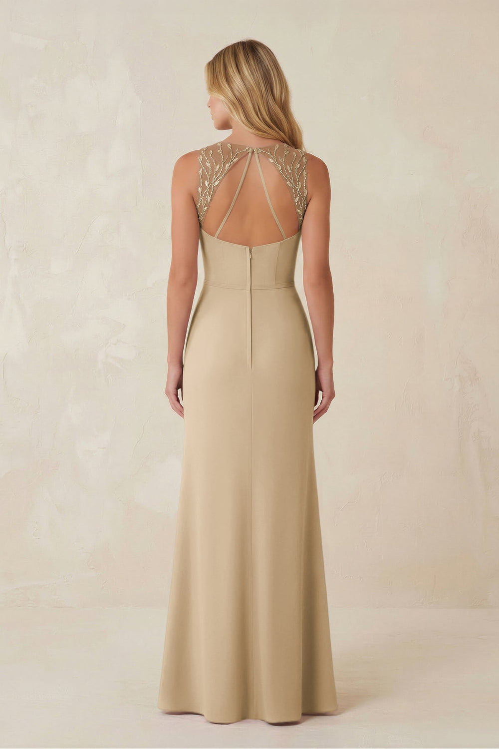 Round Neck Sheath Chiffon Appliqued Bridesmaid Dress in Champagne