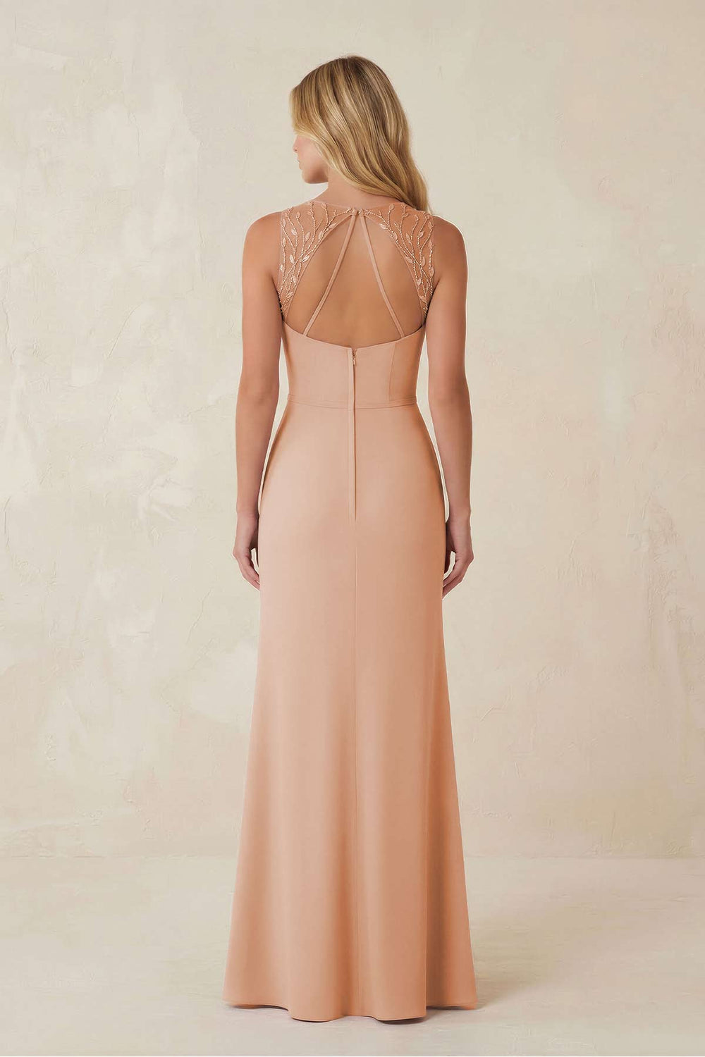 Round Neck Sheath Chiffon Appliqued Bridesmaid Dress in Champagne Rose