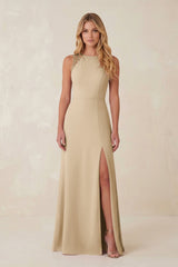 Round Neck Sheath Chiffon Appliqued Bridesmaid Dress in Champagne | KISSBRIDAL