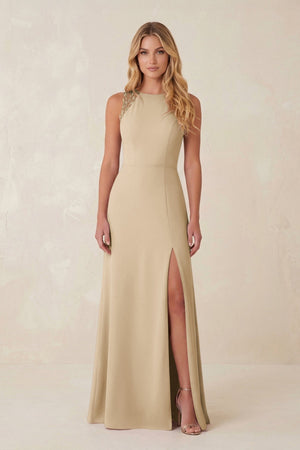 Round Neck Sheath Chiffon Appliqued Bridesmaid Dress in Champagne | KISSBRIDAL